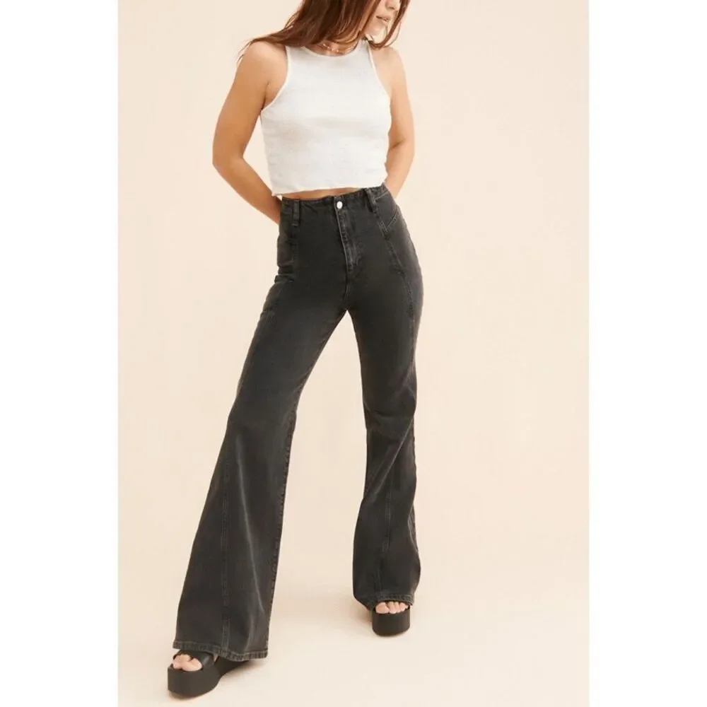 We The Free People Florence Black Ash High Rise Flare Jeans 31